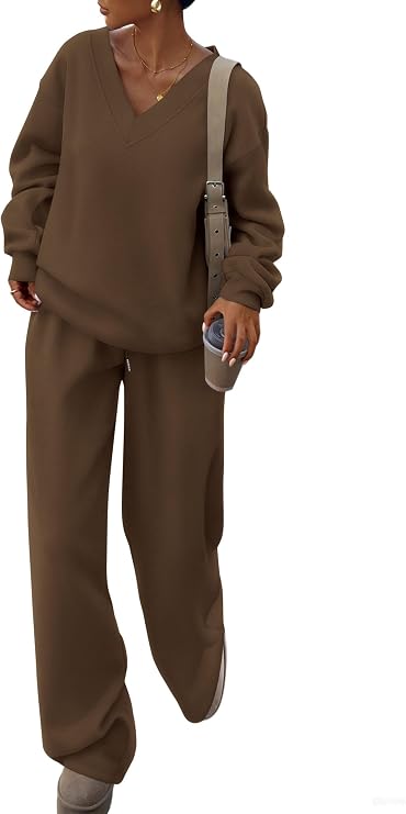 Women’s 2 Piece Fall Sweatsuit | V-Neck Top & Wide-Leg Pants
