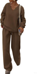Women’s 2 Piece Fall Sweatsuit | V-Neck Top & Wide-Leg Pants