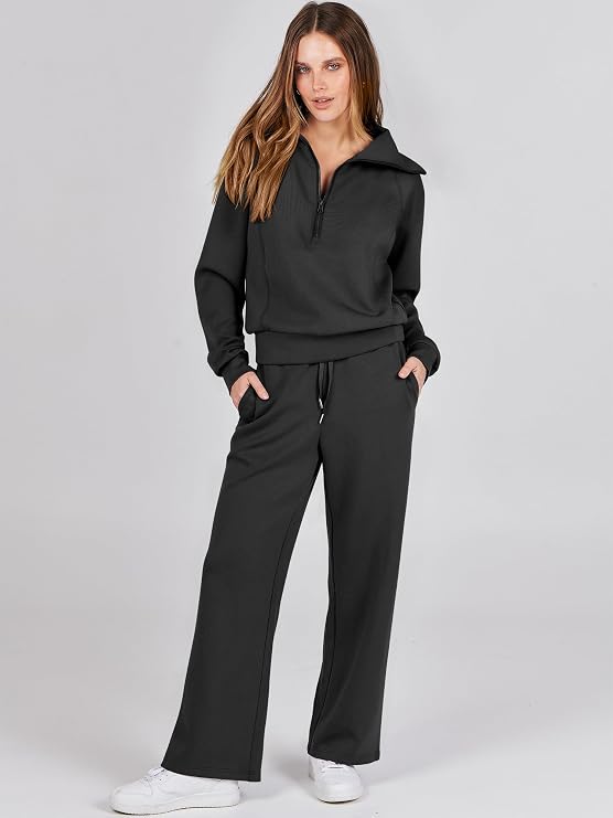 Women’s 2 Piece Fall Sweatsuit | Half-Zip Top & Wide-Leg Pants