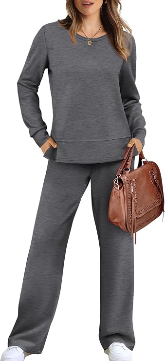 Women’s 2 Piece Lounge Set | Crewneck Top & Wide Leg Pants