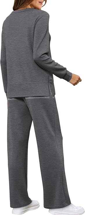 Women’s 2 Piece Lounge Set | Crewneck Top & Wide Leg Pants