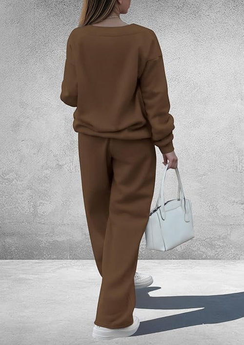 Women’s 2 Piece Fall Sweatsuit | V-Neck Top & Wide-Leg Pants