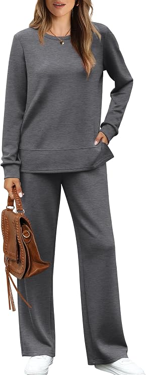 Women’s 2 Piece Lounge Set | Crewneck Top & Wide Leg Pants