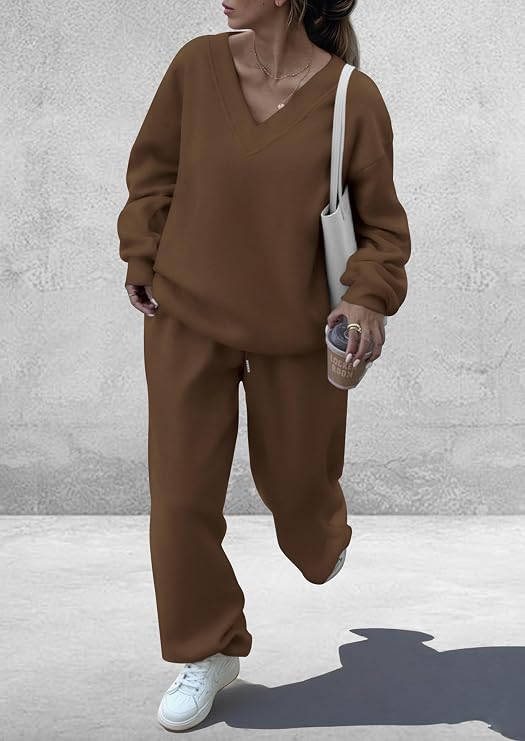 Women’s 2 Piece Fall Sweatsuit | V-Neck Top & Wide-Leg Pants