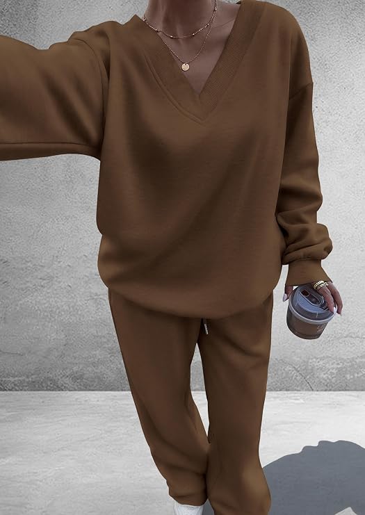 Women’s 2 Piece Fall Sweatsuit | V-Neck Top & Wide-Leg Pants