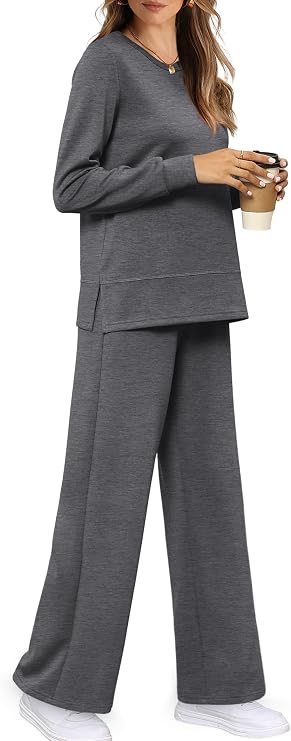 Women’s 2 Piece Lounge Set | Crewneck Top & Wide Leg Pants