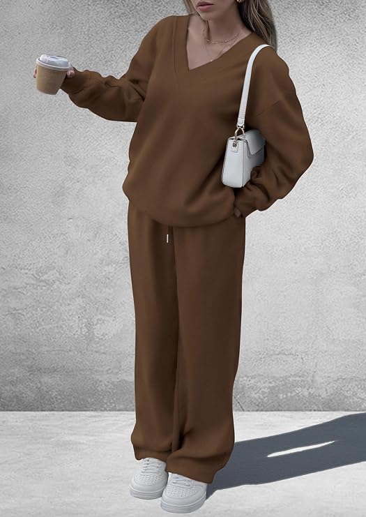 Women’s 2 Piece Fall Sweatsuit | V-Neck Top & Wide-Leg Pants