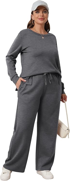 Women’s 2 Piece Lounge Set | Crewneck Top & Wide Leg Pants